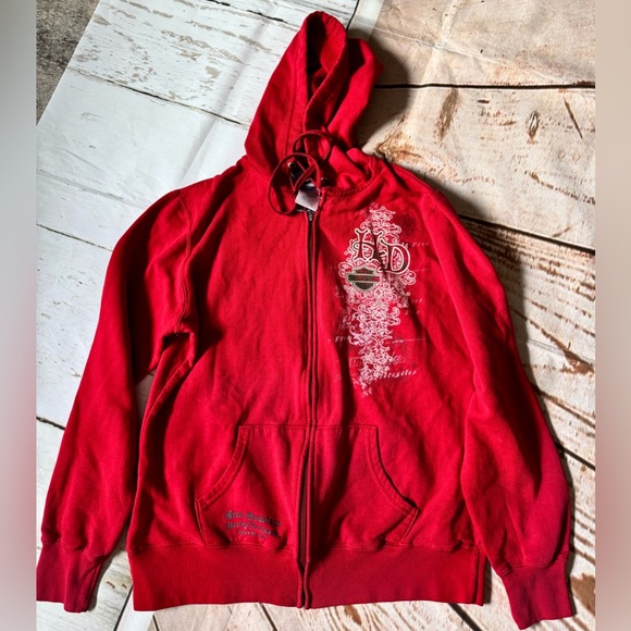 Harley-Davidson Tops - Harley-Davidson Red Zip-Up Hoodie with White Graphic